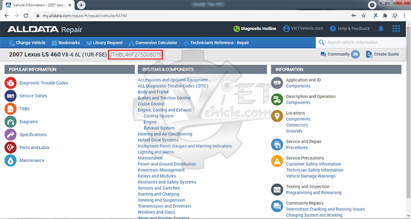 alldata online support search by VIN number