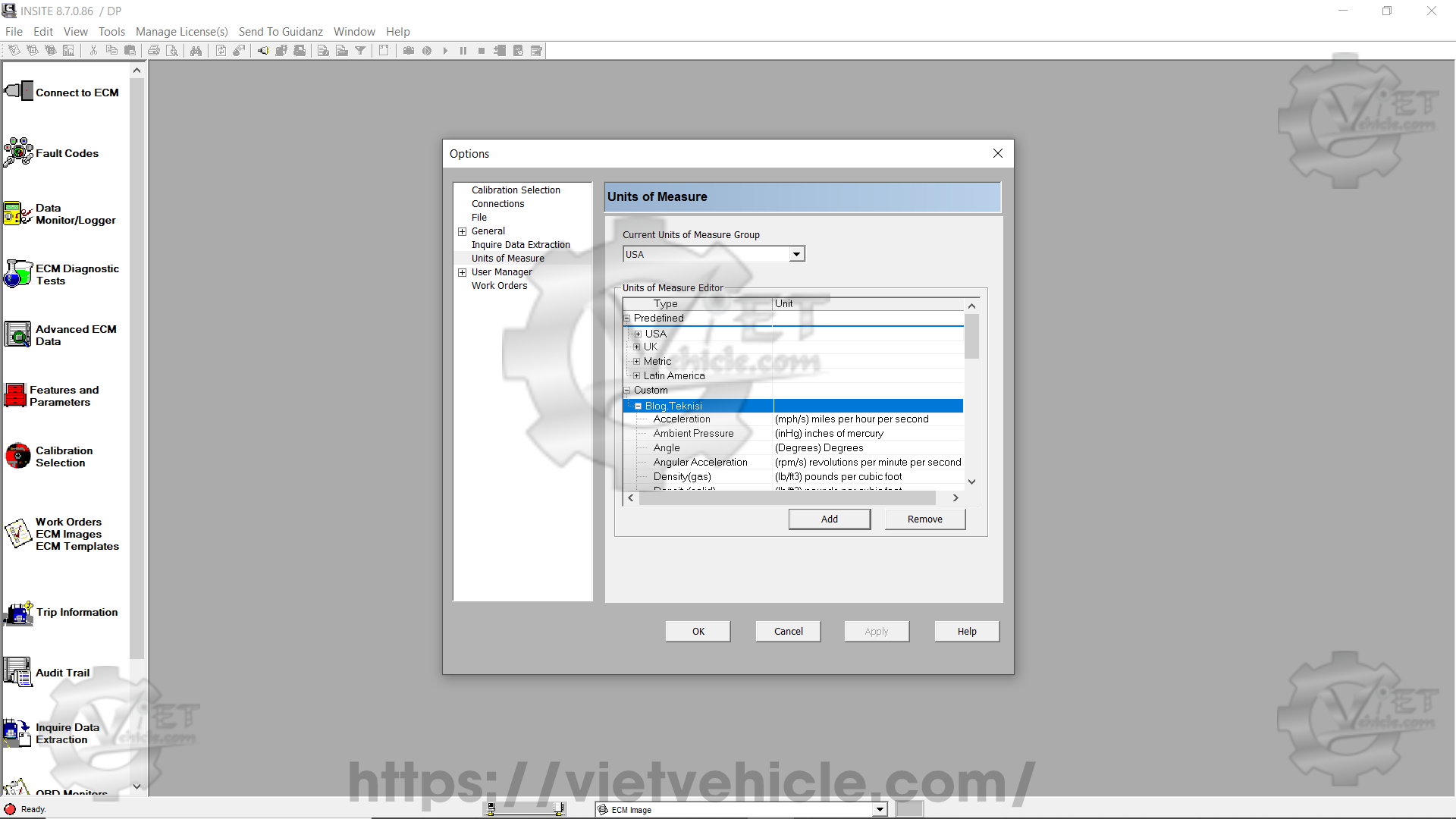 How to change Unit of Measure on Cummins Insite 6