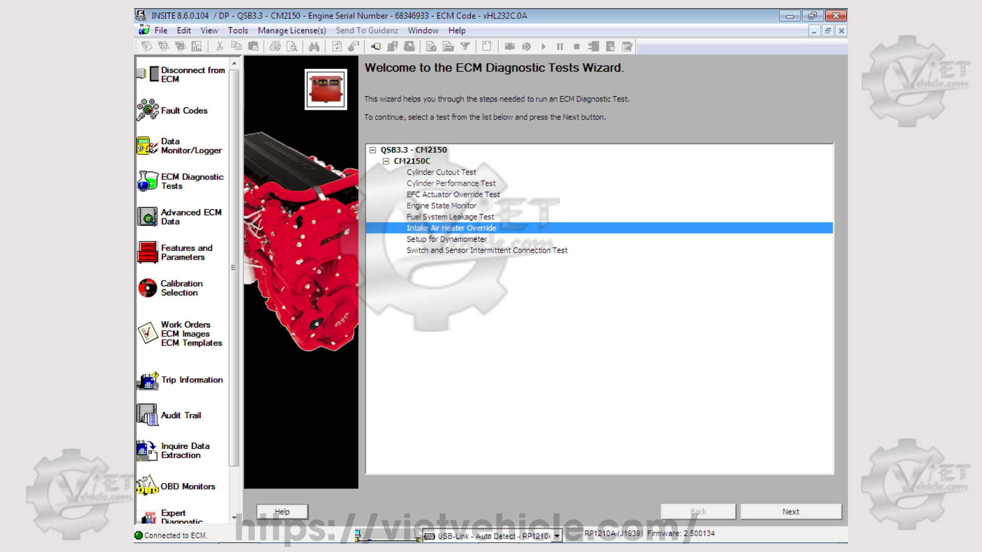 How to use Intake Air Heater Override function on Cummins Insite 3
