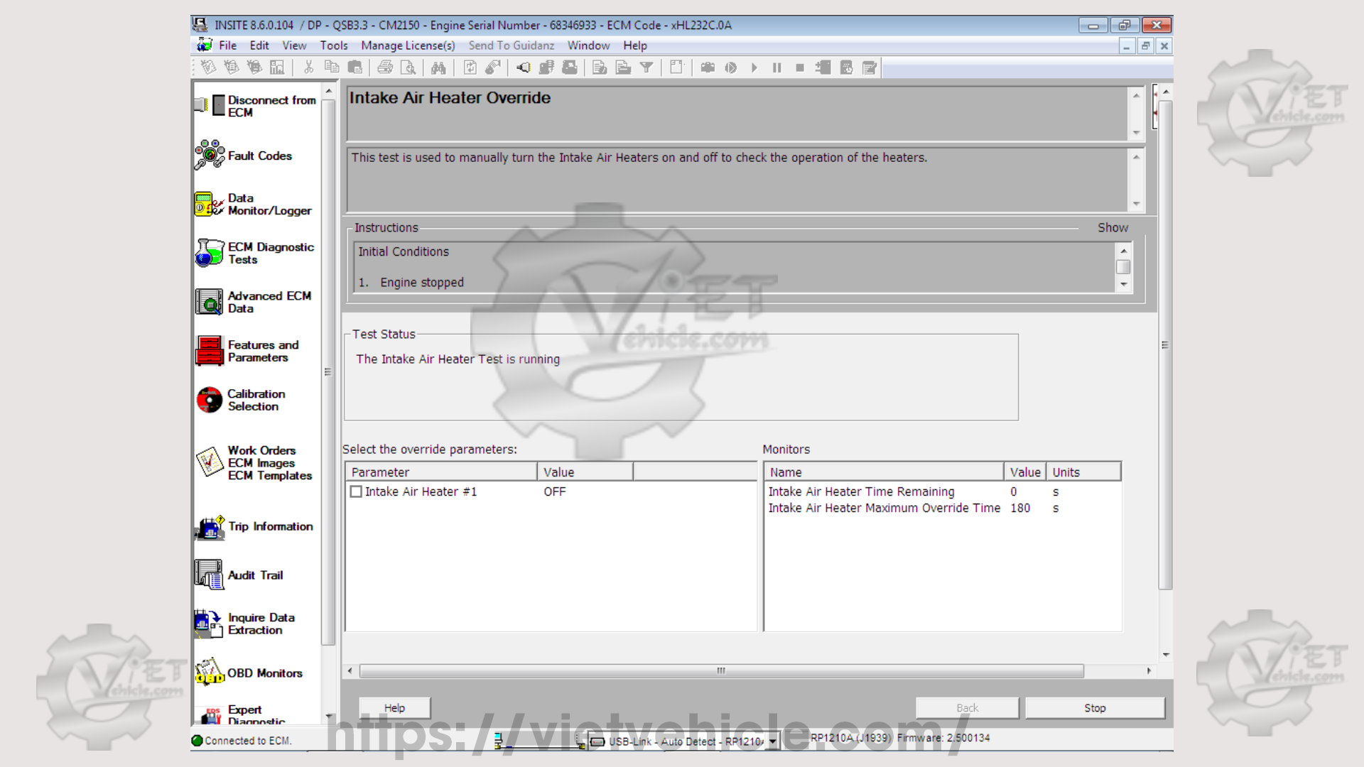 How to use Intake Air Heater Override function on Cummins Insite 5