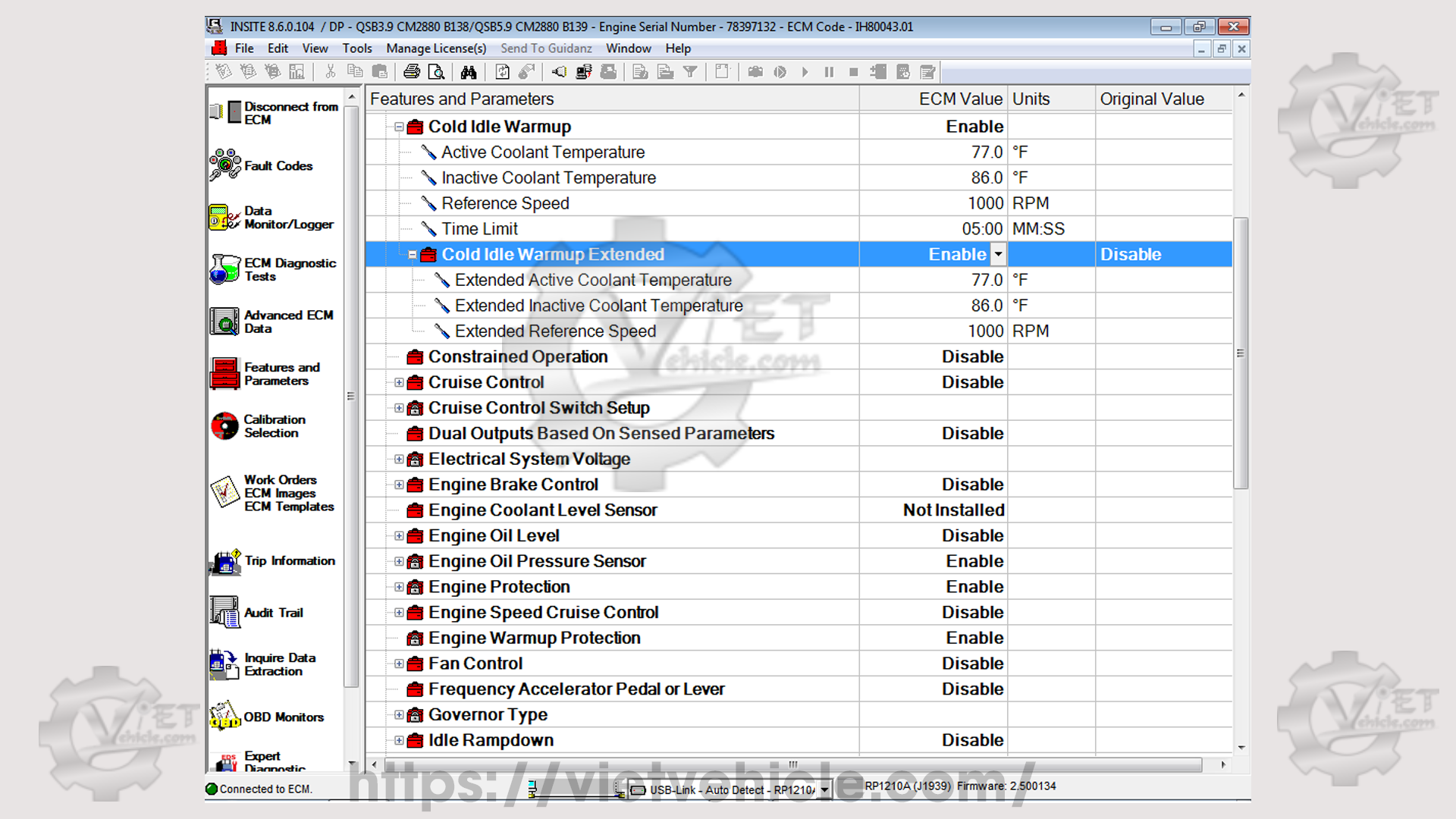How to change Cold Idle Warm up Parameter on Cummins Insite 2