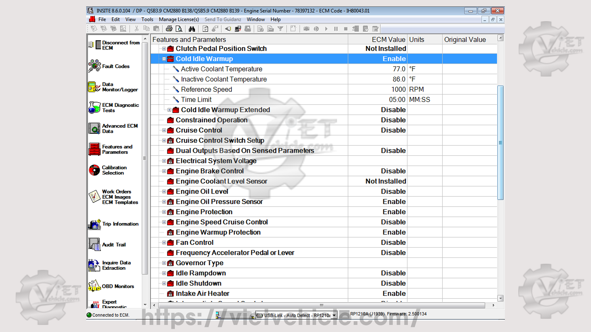 How to change Cold Idle Warm up Parameter on Cummins Insite 4