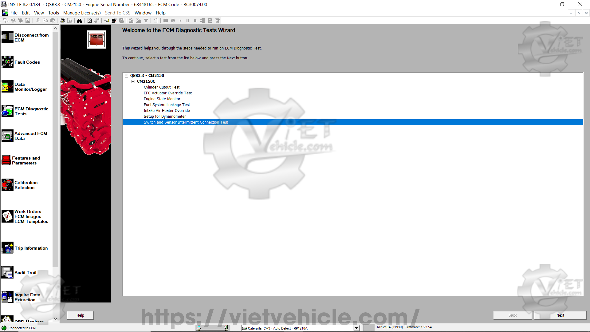 How to use Switch and Sensor Intermittent connection test function on Cummins Insite 1