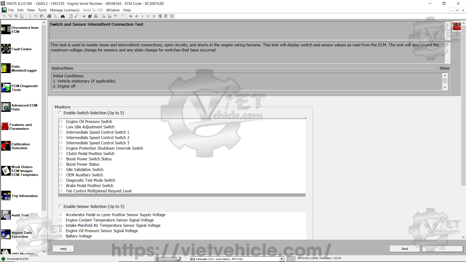 How to use Switch and Sensor Intermittent connection test function on Cummins Insite 2