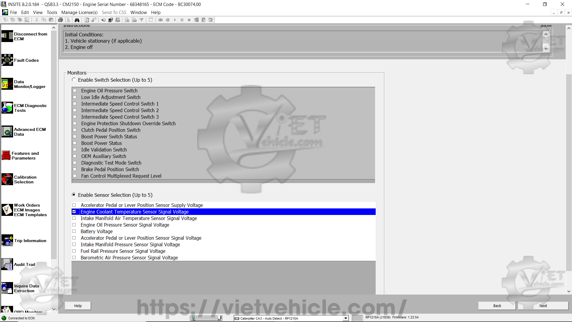 How to use Switch and Sensor Intermittent connection test function on Cummins Insite 3