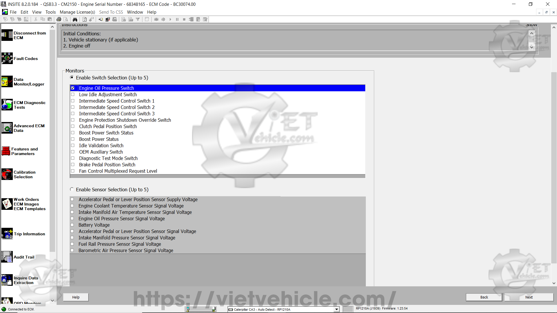 How to use Switch and Sensor Intermittent connection test function on Cummins Insite 7
