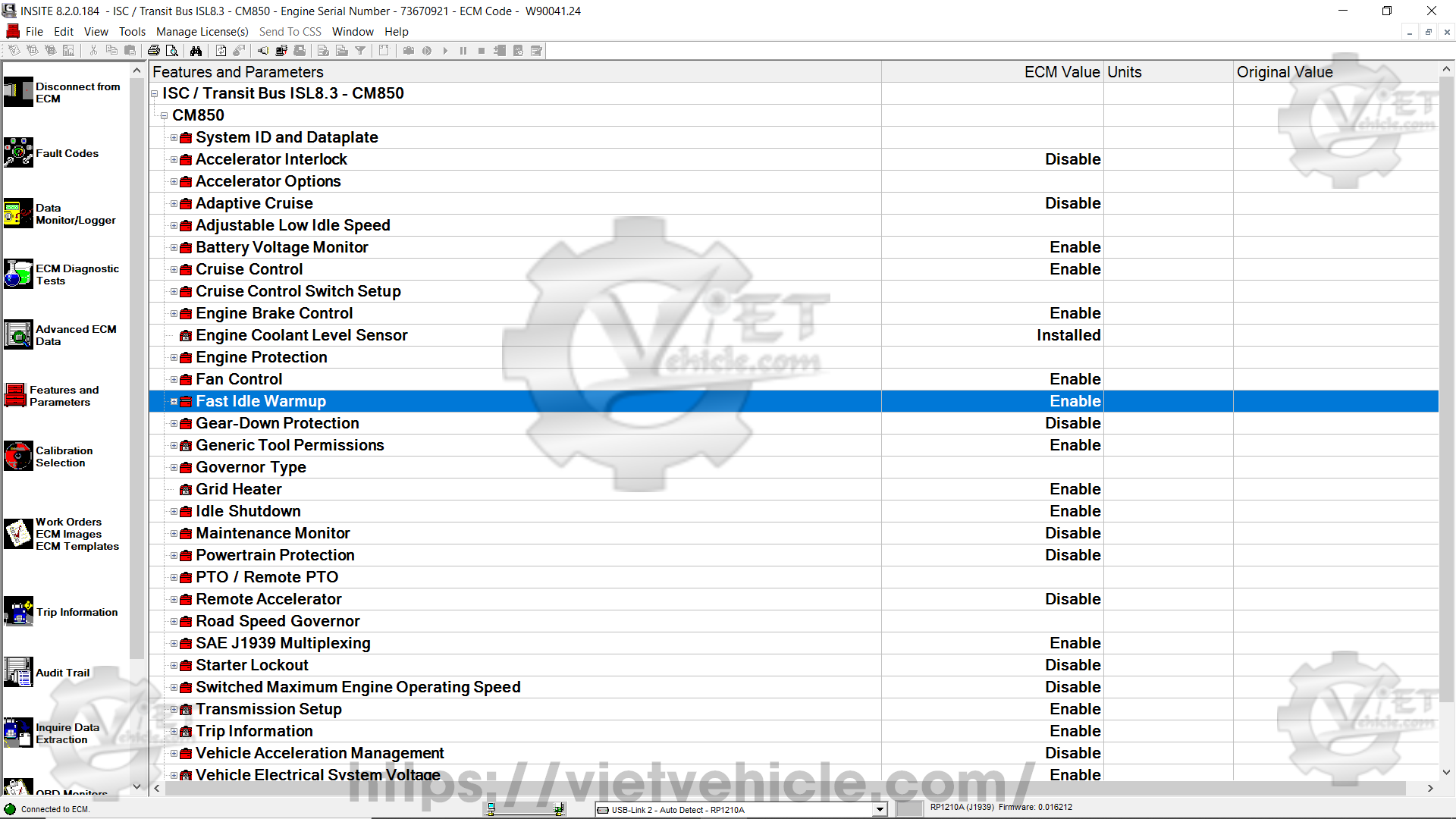 How to change Fast Idle Warmup parameter on Cummins Insite 1