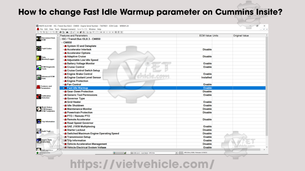 How to change Fast Idle Warmup parameter on Cummins Insite
