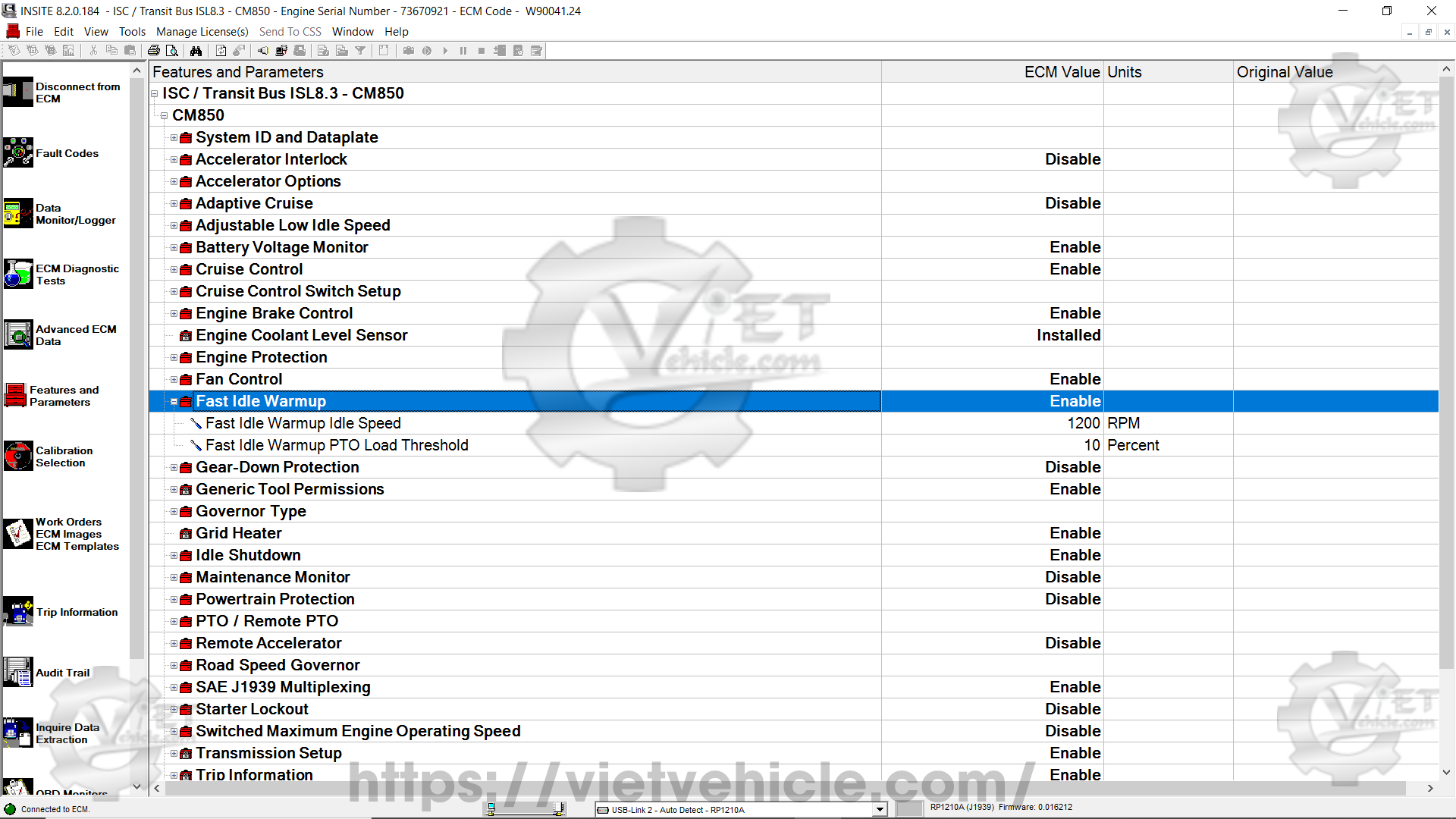 How to change Fast Idle Warmup parameter on Cummins Insite 2