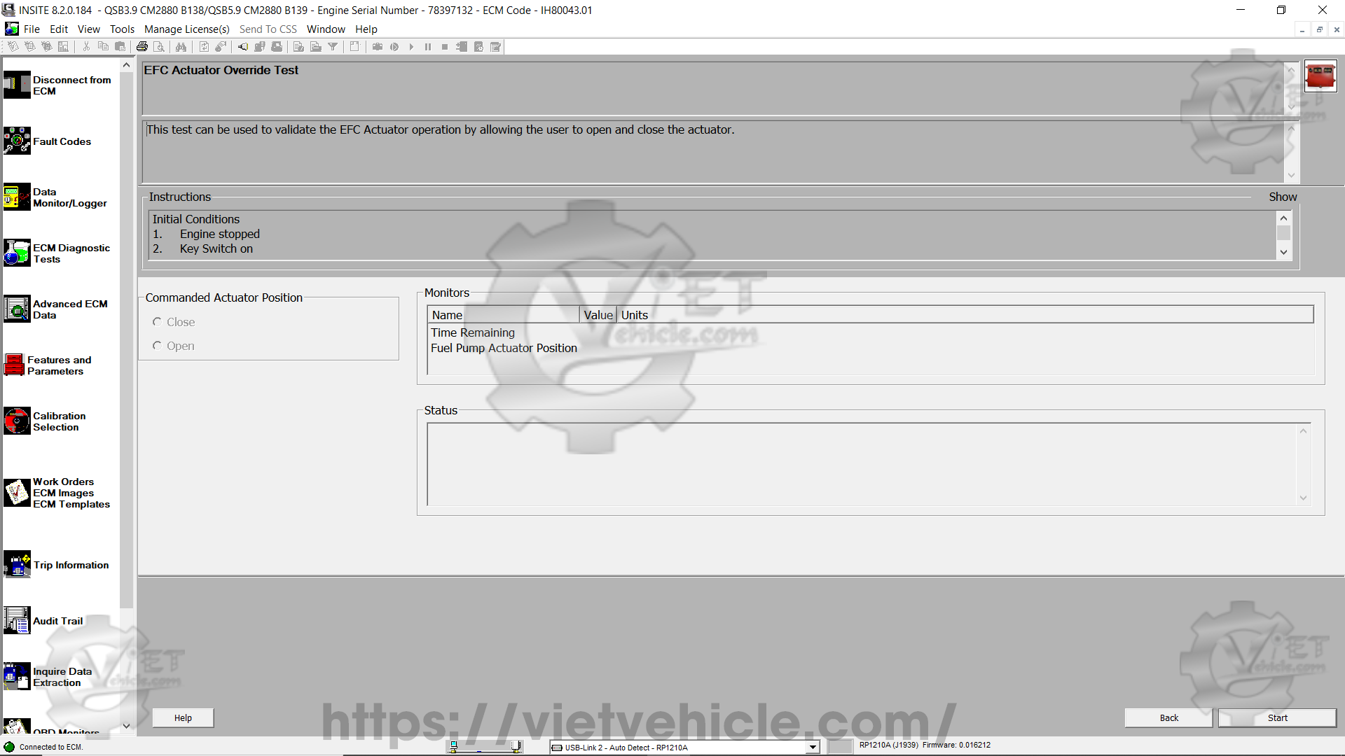 How to use EFC Actuator Override Test function on Cummins Insite 2