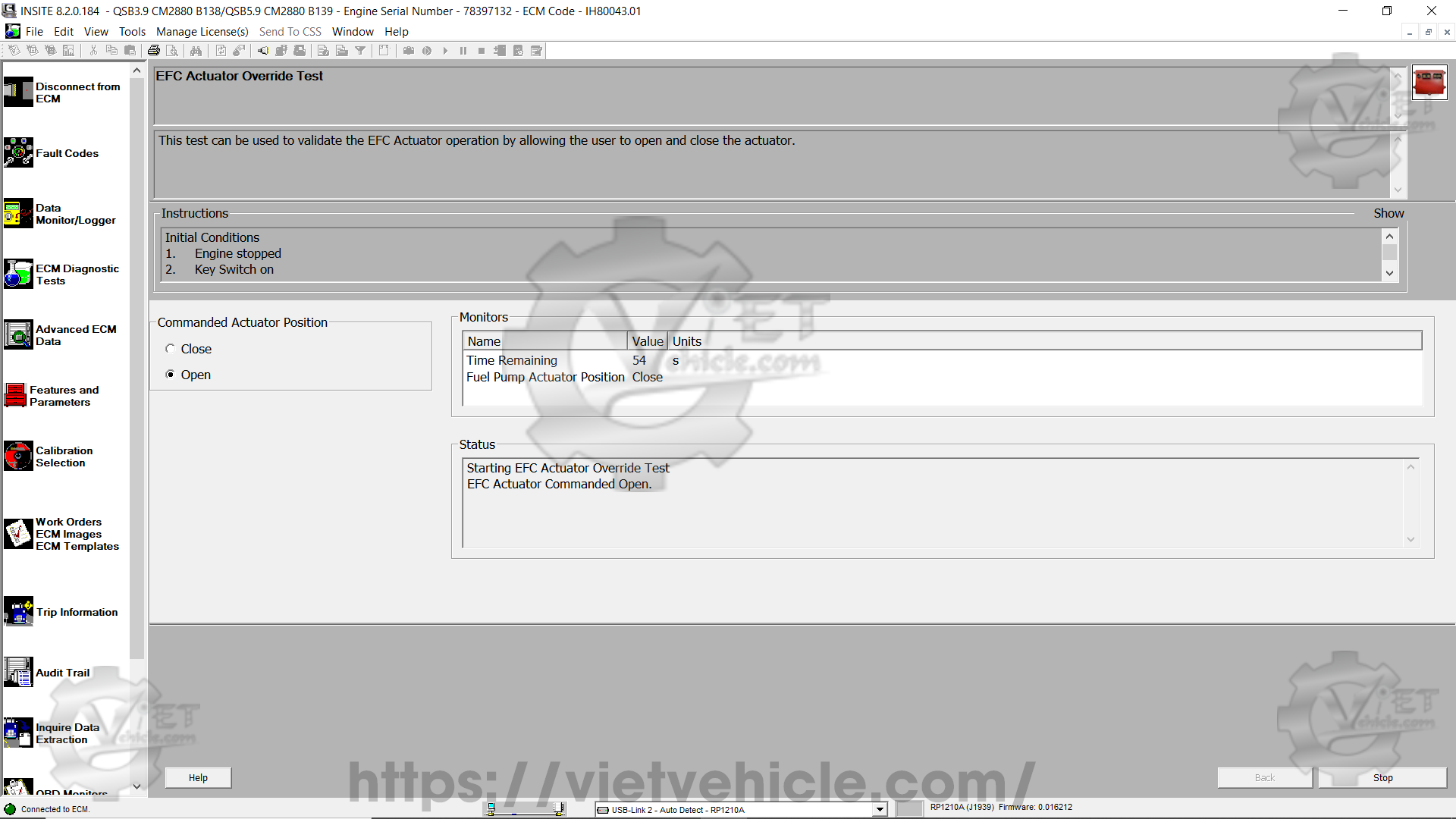 How to use EFC Actuator Override Test function on Cummins Insite 3