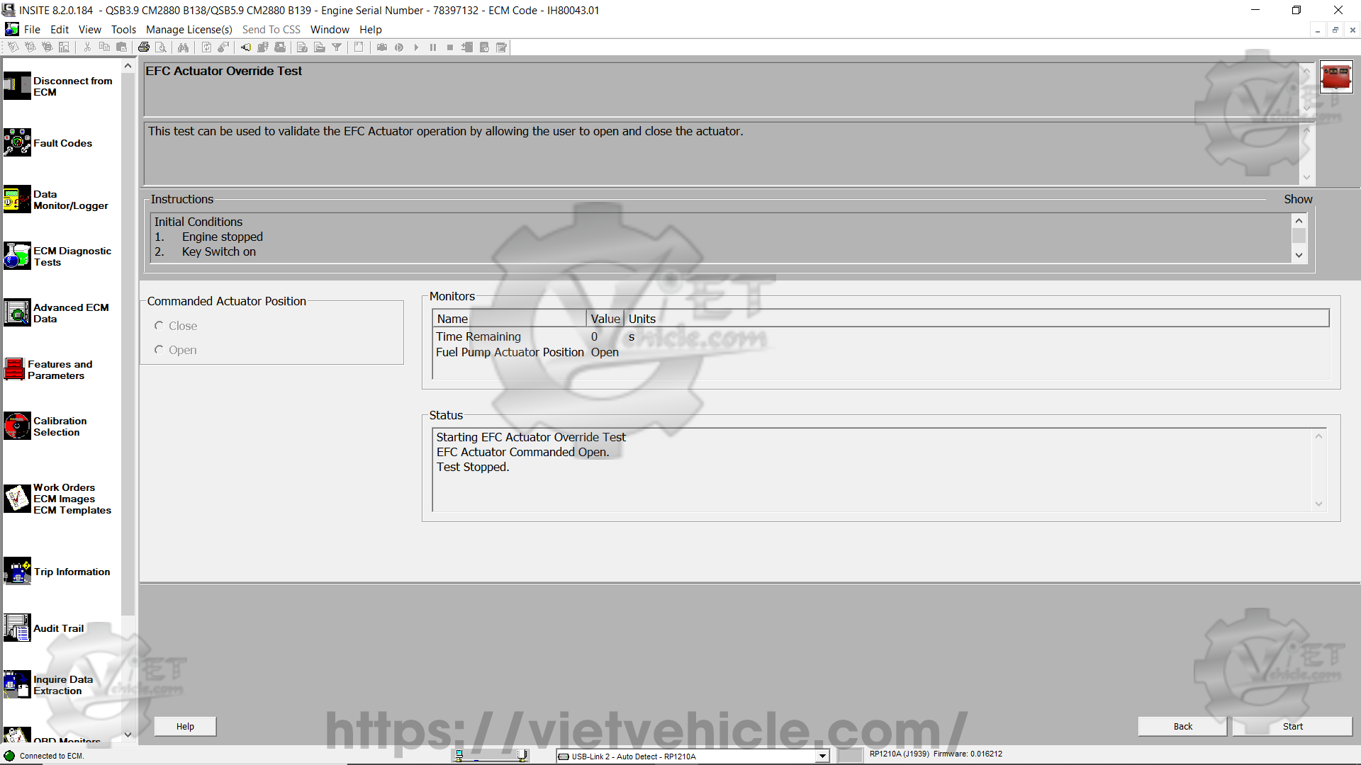How to use EFC Actuator Override Test function on Cummins Insite 4