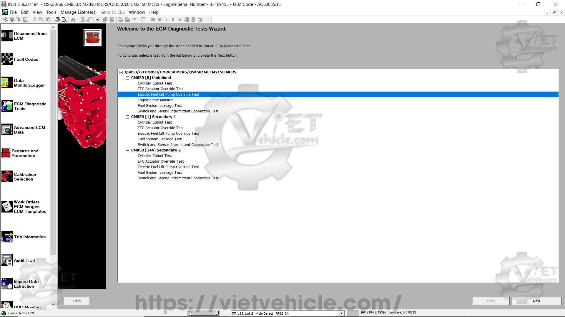 How to use Electric Fuel Lift Pump Override Test function on Cummins Insite 1