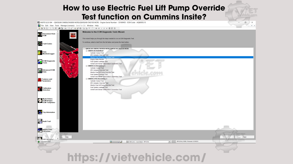 How to use Electric Fuel Lift Pump Override Test function on Cummins Insite