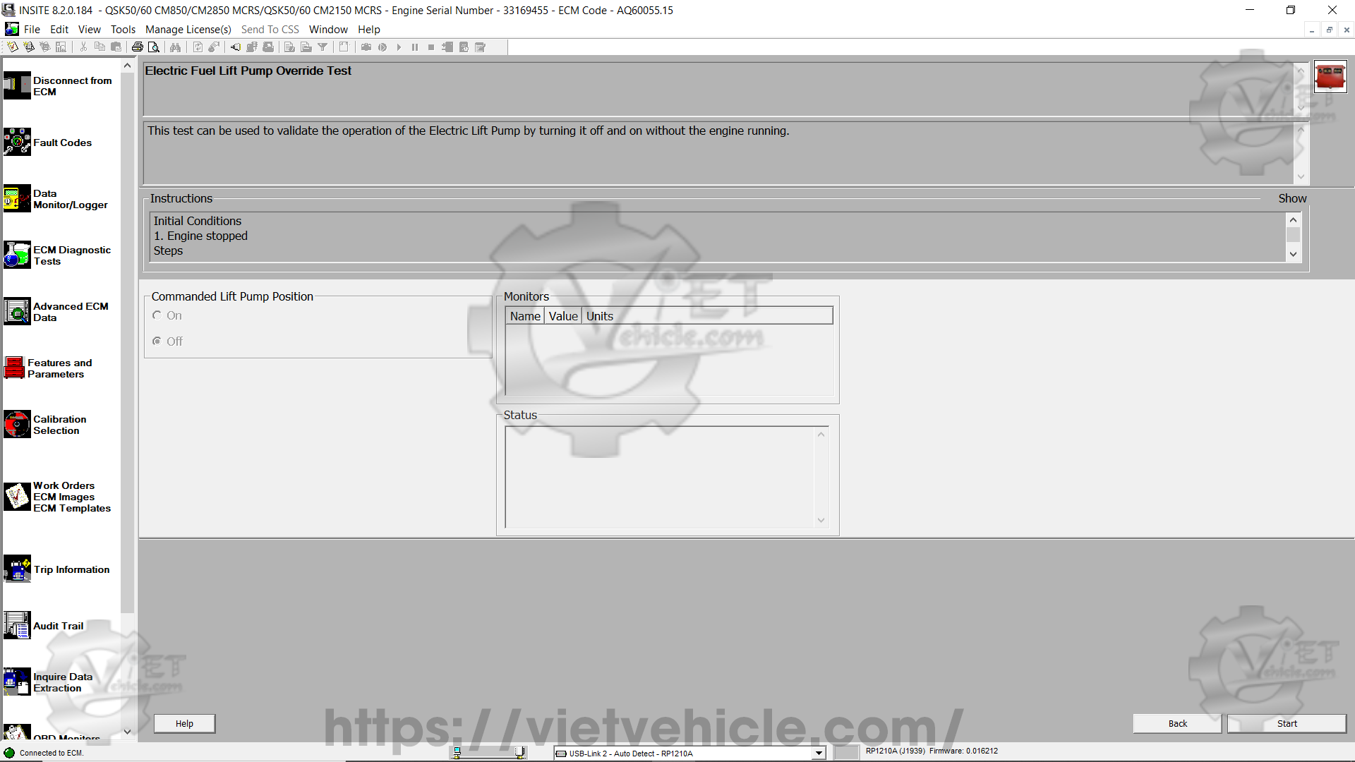 How to use Electric Fuel Lift Pump Override Test function on Cummins Insite 2