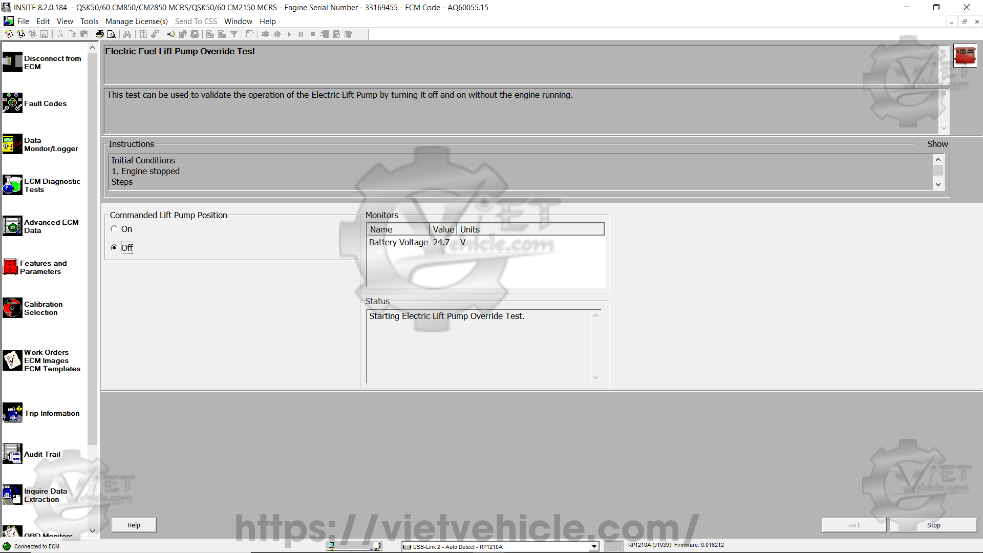 How to use Electric Fuel Lift Pump Override Test function on Cummins Insite 3