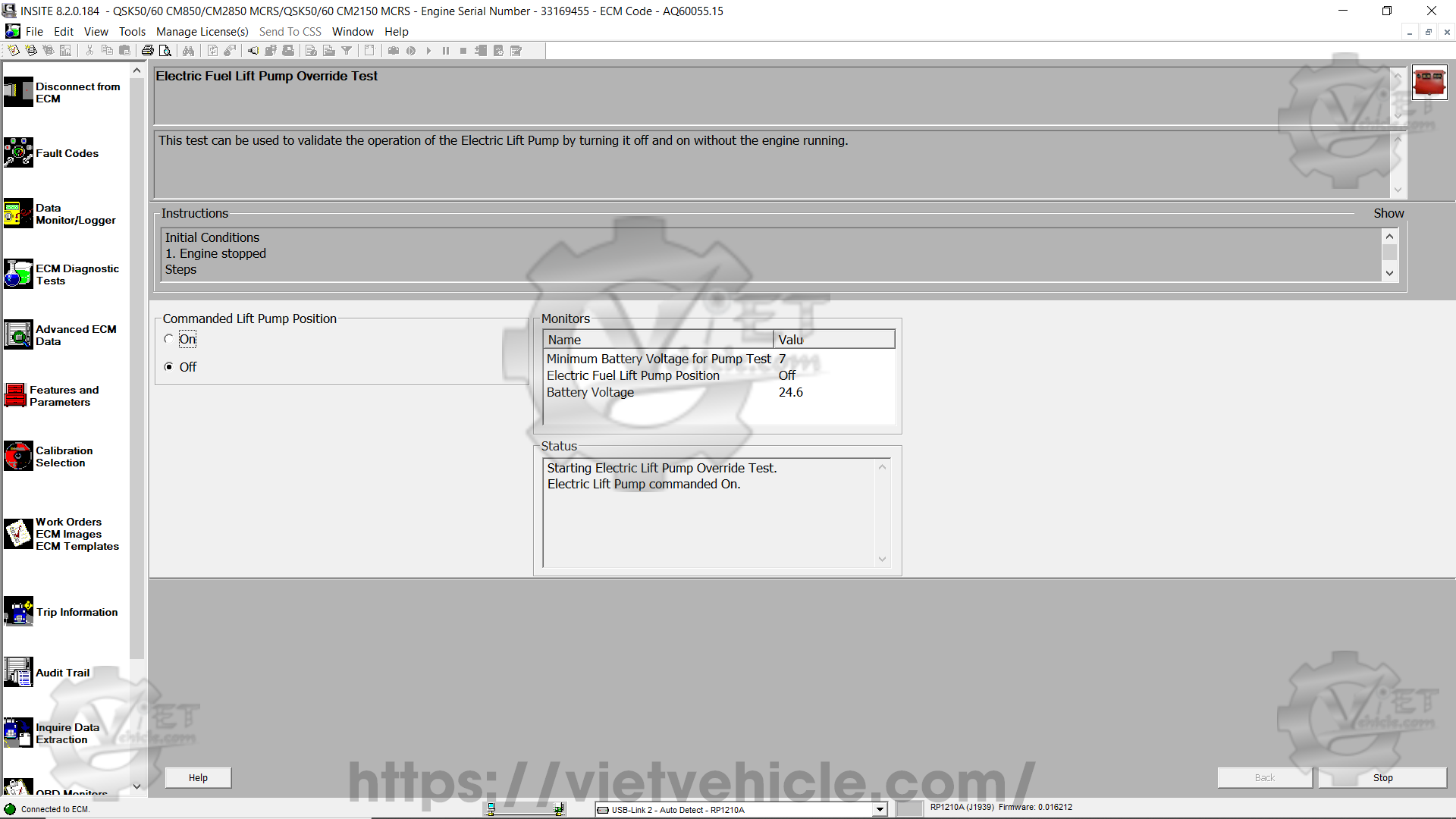 How to use Electric Fuel Lift Pump Override Test function on Cummins Insite 4