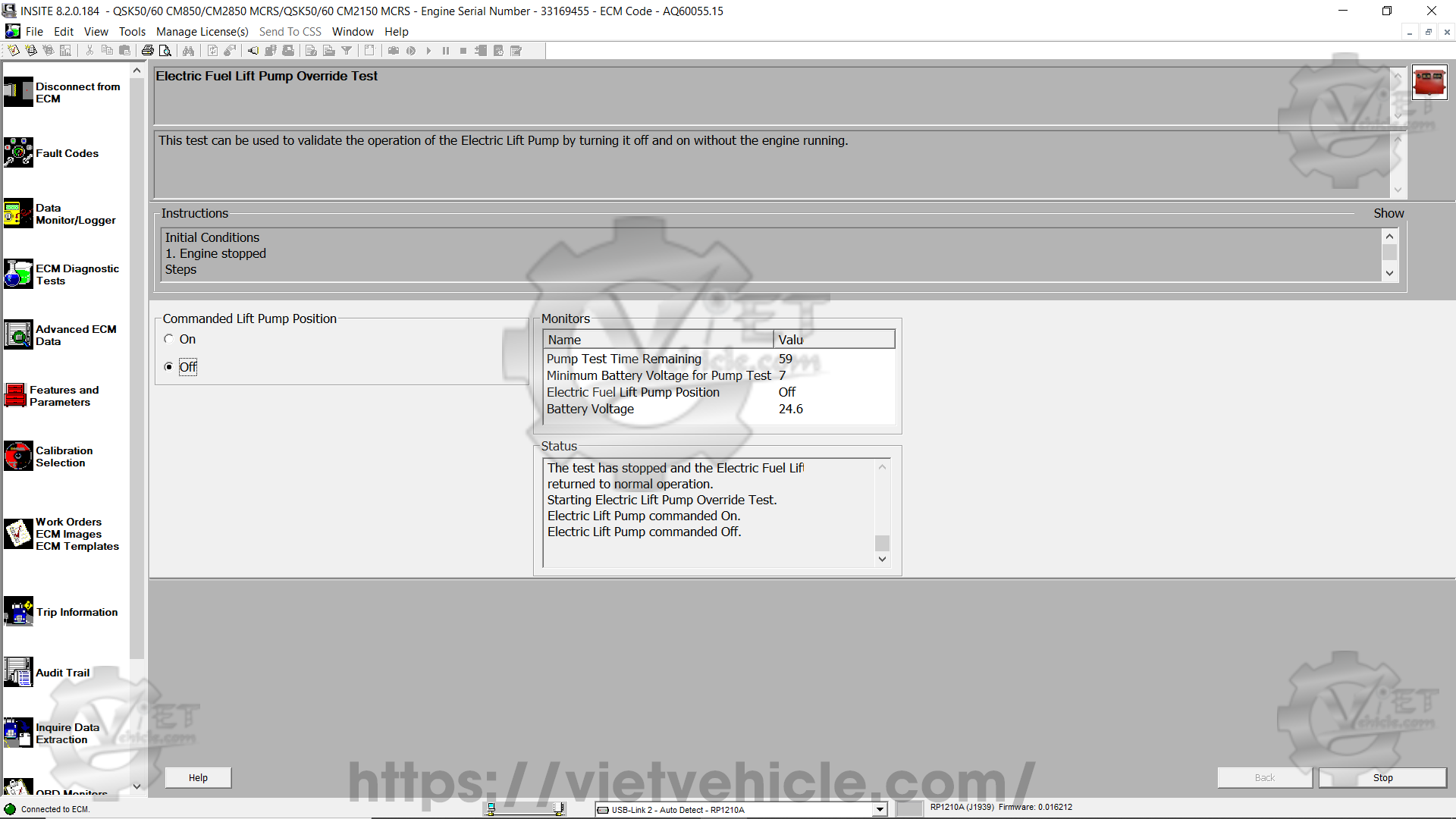 How to use Electric Fuel Lift Pump Override Test function on Cummins Insite 5