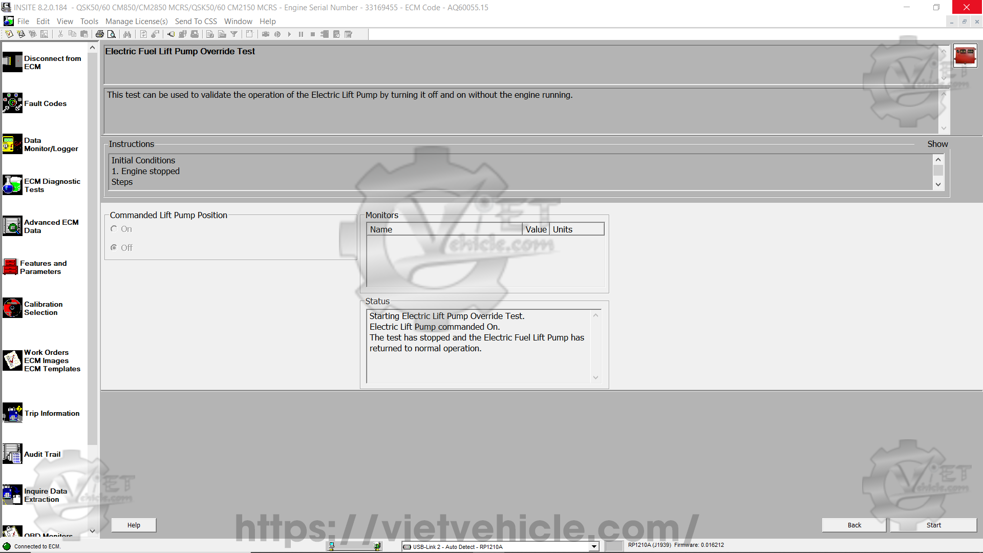 How to use Electric Fuel Lift Pump Override Test function on Cummins Insite 6